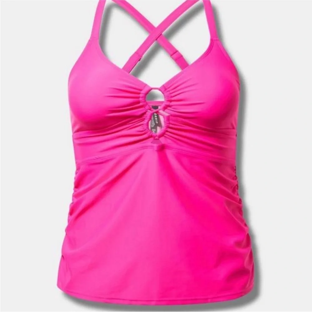 TORRID Bright Pink Cross-Back Ruched Tankini Top size 2 (2X, 18/20) NWT